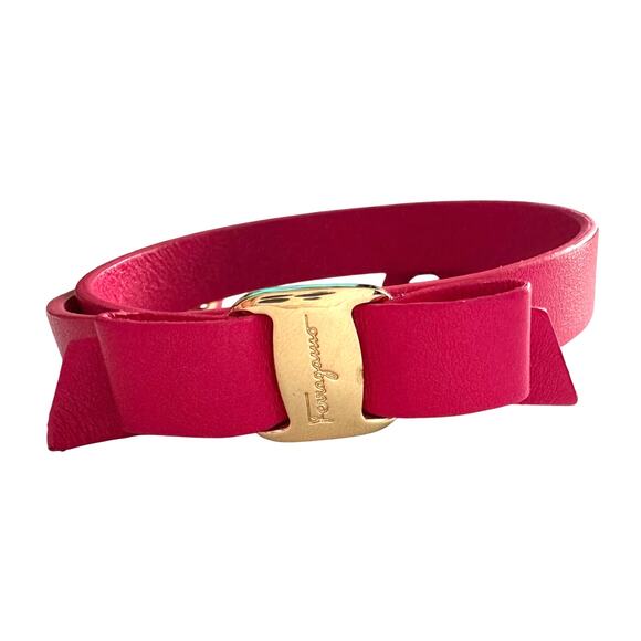 Salvatore Ferragamo Deep Pink Leather Vara Ribbon Bow Double Wrap Bracelet